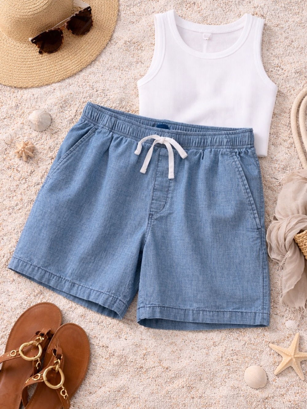Old Navy Chambray Shorts Women’s M Blue Elastic Waist Casual Summer Coastal